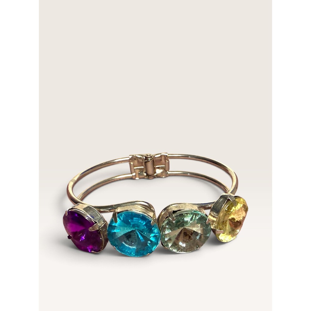 Vintage Silver Tone Hinged Bangle Bracelet Colorful Stones